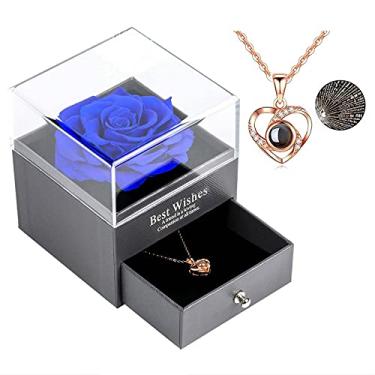 Imagem de Skalago Colar de rosa real preservada com coração I Love You in 100 idiomas, feito à mão, flor de rosa verdadeira encantada para o dia dos namorados, aniversário, presentes românticos para ela (azul)