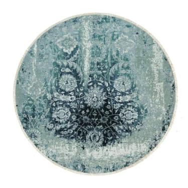 Imagem de Shahbanu Rugs Tapete redondo oriental atado à mão com estampa de lã azul petróleo e seda quebrada (2,8 x 18 cm)