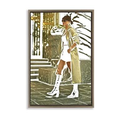 Imagem de Stupell Industries Arte de parede em tela emoldurada Girl in Gold Trenchcoat Brown Floater por Graffi*tee Studios, 43 x 63 cm