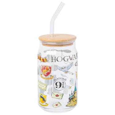 Imagem de Silver Buffalo Harry Potter Hogwarts Plataforma 9 3/4 Gryffindor Hedwig Copo de vidro com tampa de bambu e canudo de vidro, 473 ml