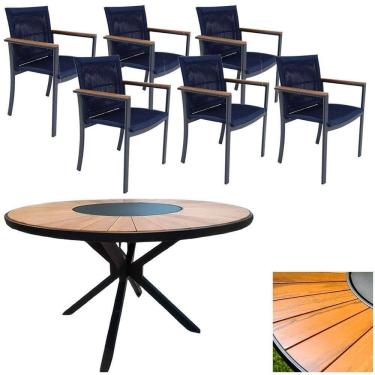 Imagem de Mesa 1,50m Giratória Zurick De Madeira 6 Poltronas Amélia Corda Náutica De Jantar Azul