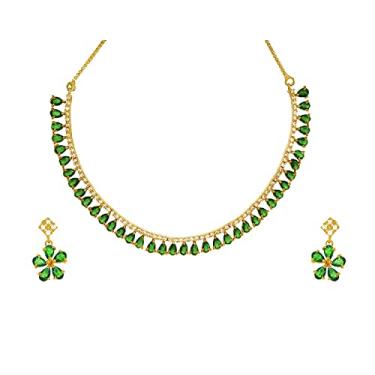 Imagem de Jewar Conjunto de colar indiano AD CZ elegante banhado a ouro gargantilha de cristais brilhantes com brincos joias para mulheres e meninas, Banhado a ouro, Zircônia cúbica