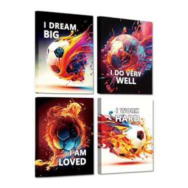Imagem de Impressões em tela de arte de parede de futebol, pôsteres de arte inspiradora de futebol, arte emoldurada colorida, quarto de meninos, fãs de homens, decoração de parede, conjunto de 4 (20 x 25 cm)