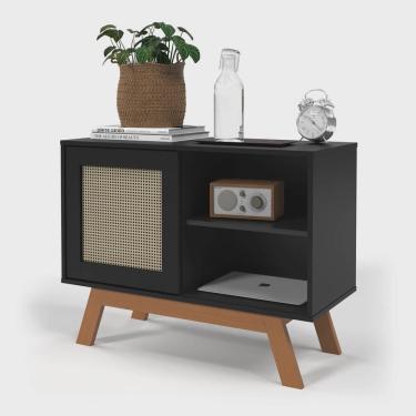 Imagem de Buffet Aparador Bar Preto Com Porta de Correr 2 Nichos E Pés em Madeira mdf - Rattan - Ofertamo