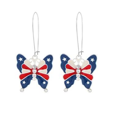 Imagem de Dreuyet Brincos femininos de 4 de julho, bandeira americana patriótica, brincos de argola com pingente longo, cristal, vermelho, branco, azul, dia da independência, da América, 4 de julho, bijuteria