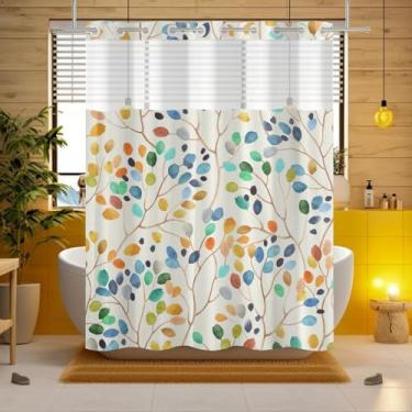 Imagem de Cortina de chuveiro colorida sem gancho com forro de encaixe, decoração de banheiro com folhas em aquarela abstrata, tecido impermeável com janela superior transparente, cortina de banho com ilhós