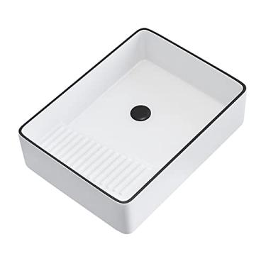Imagem de Pia de vaso de pia de vaso de 50 cm x 38 cm de cerâmica branca com aro preto retangular pia de vaso de banheiro pia de vaso de porcelana acima do balcão pia de banheiro arte moderna pia de banheiro