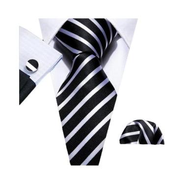 Imagem de Conjunto de Gravata e Abutões Masculinos - Seda Jacquard Preto, Branco