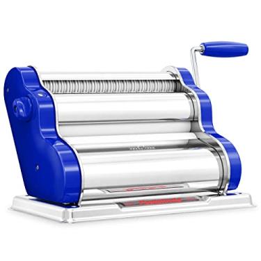 Imagem de PASTALINDA Máquina de fazer massa clássica 260, rolos de 26 cm de largura, 9 posições de espessura, 2 posições de corte, aço inoxidável. Inclui manivela de mão reforçada e dois grampos (azul)