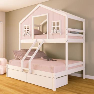 Imagem de Beliche Casal/ Solteiro Casinha dos Sonhos com 02 Gavetas Madeira Maciça Rosa/ Branco Housin