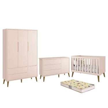 Imagem de Dormitório Infantil Theo Retrô 3 Portas, Cômoda 1 Porta, Berço Rosa Fo