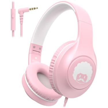 Imagem de rockpapa C24 Fones de ouvido infantis com microfone, fone de ouvido leve e dobrável com cabo de 3,5 mm para meninos e meninas, jovens, fone de ouvido estéreo com fio para viagem escolar, rosa e branco