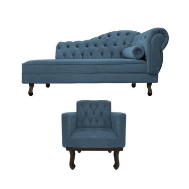 Imagem de Kit Diva Recamier Diana 120cm Lado Esquerdo E 1 Poltrona Classic Linho Azul Royal