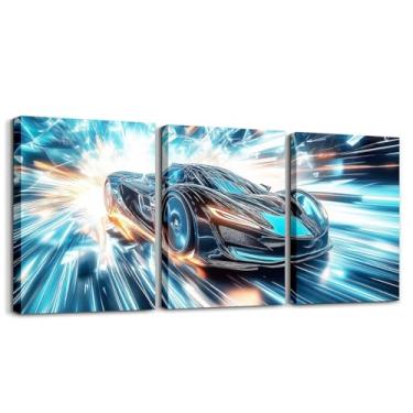 Imagem de Erosebridal Conjunto de 3 arte de parede em tela de carro de corrida para meninos, arte de parede temática de jogos de esportes radicais com listras gradientes azul-petróleo aqua e preto, Cool Speed