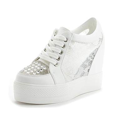 Imagem de Tênis anabela feminino com salto oculto plataforma alta tornozelo sapatos de caminhada fashion noiva sapatos de casamento, White-pierced, 5.5