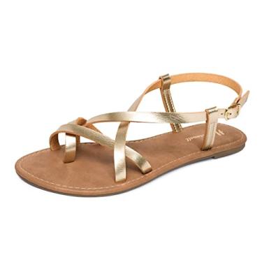 Imagem de Sandália feminina gladiadora rasteira pescador com tiras e tira no tornozelo, Ouro novo, 35