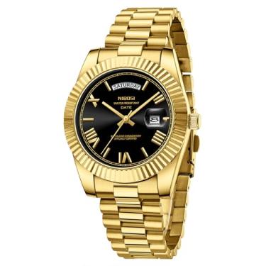 Imagem de NIBOSI Relógio masculino analógico, quartzo, aço inoxidável, ouro rosa, prata, à prova d'água, negócios, design clássico, com data, A11 - ouro preto