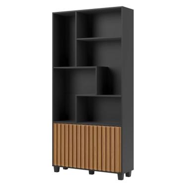 Imagem de Estante 2 Portas Ripadas Nessie D01 Preto Fosco/Freijó