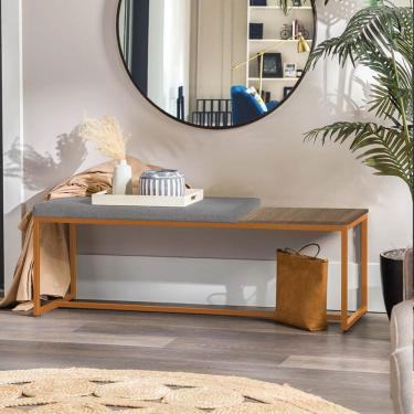 Imagem de Banco Recamier Puff 160cm Industrial Bronze Sintético Cinza Tampo Quadrado Mdf Marmorizado