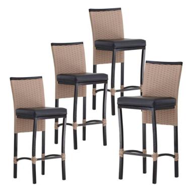 Imagem de Kit 4 Banquetas Altas Cannes Assento Couro Náutico Alumínio Encosto Corda Náutica Preto Trama Original