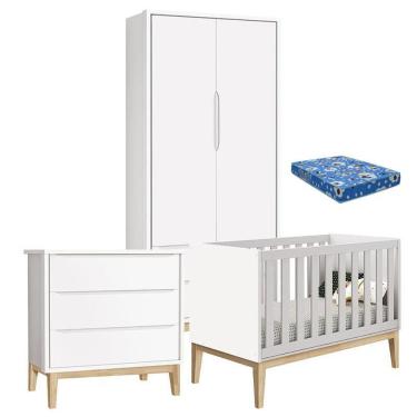 Imagem de Quarto De Bebê Classic 2 Portas Com Colchão E Cômoda Gaveteiro Branco Pés Madeira Natural - Reller
