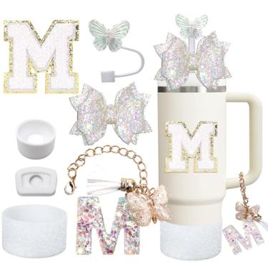 Imagem de Liangang Conjunto De 7 Acessórios Para Copos Brancos Stanley 30 Oz E 40 Oz, Incluindo Capa Protetora, Tampa Antiderramamento, Canudo Borboleta, Adesivo Com Letras, Pingentes Letras (Branco M)