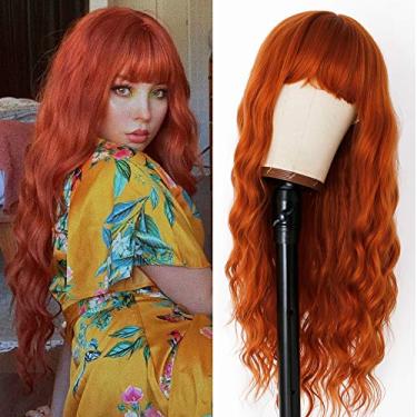 Imagem de EVLYNN Peruca Ruiva Com Franja Laranja Longa Ondulada Para Mulheres, Cacheada, Sintética Resistente Ao Calor, 26" Solta, Ondulada, Vermelha, Festa Diária, Cosplay