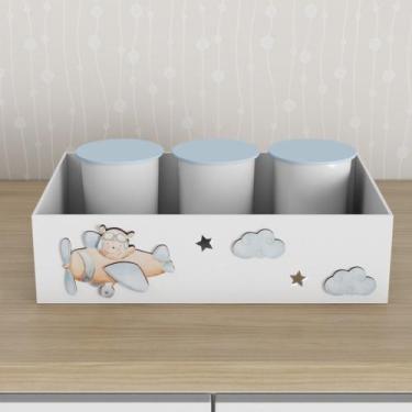 Imagem de Trio de Potes e Bandeja Kit Higiene MDF Urso Aviador - Neném na Nuvem,