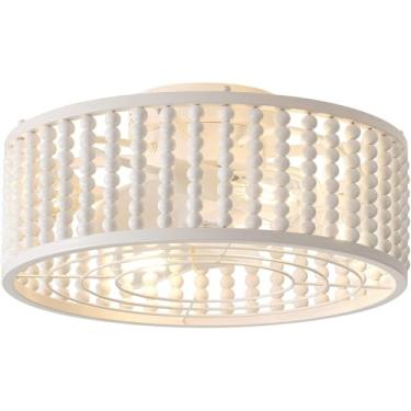 Imagem de Liokoc Ventiladores De Teto Com Luzes E Controle Remoto - Lâmpadas Incluídas, Fandelier Gaiola, Decoração Artesanal Contas, Ventilador Instalação Embutida Reversível 19 Polegadas, Branco-Sujo