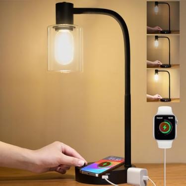 Imagem de Jomshine Luminária De Mesa Industrial Com Carregamento Sem Fio, Luminárias Regulagem Totalmente Contínua, Cabeceira, Cúpula Vidro Para Leitura, Escritório E Sala Estar (Preta)