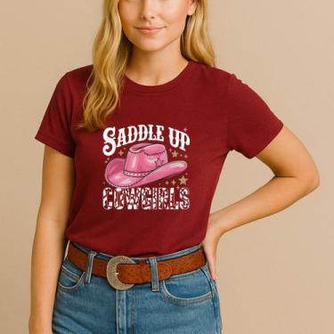 Imagem de Camiseta Blusa Country Algodão Estamp Saddle Up Cowgirls Chapéu Bota M