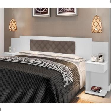 Imagem de Cabeceira Box Bruna Branco Com Capitonê Bege Escuro