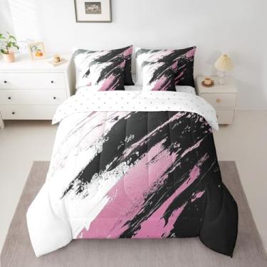 Imagem de Feelyou Conjunto de edredom de arte abstrata preto e rosa com lençóis, moderno, abstrato, Queen, 7 peças, para crianças, meninos, meninas, cama geométrica em uma bolsa macia