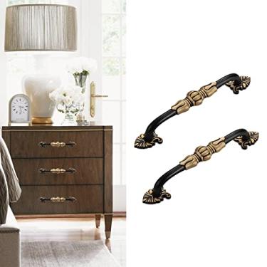 Imagem de CcHhyyt Puxadores de armário de latão de 12,7 cm, puxador de armário com padrão floral antigo, puxadores de gaveta de latão maciço, ferragens de cozinha, preto fosco e dourado para armário de gaveta