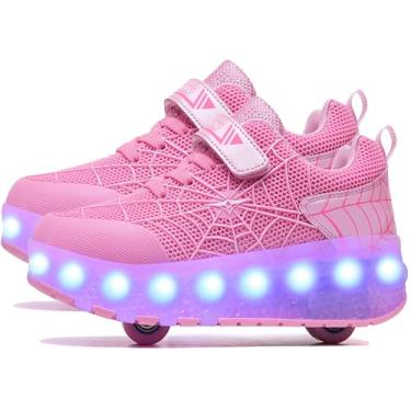 Imagem de Aikuass Tênis de skate com rodas com luzes LED carregáveis por USB para meninos e meninas e crianças, B808 - Rodas duplas - rosa, 12 Little Kid