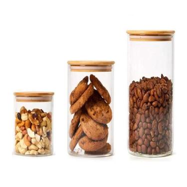 Imagem de Kit Conjunto 3 Potes De Vidro hermético Tampa de Bambu - M1