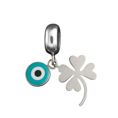 Imagem de Berloque de Aço Inoxidável Olho Grego com trevo de quatro folhas - Garantia 1 ano - Cabe em Pulseiras e colares - pulseira feminina, presente feminino, joias para mulheres