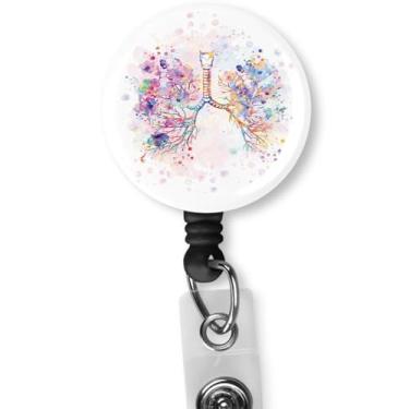 Imagem de Porta-crachá retrátil para cartão de identificação com clipe jacaré, carretel de crachá decorativo de enfermeira com clipe em porta-cartões (pulmão em aquarela)