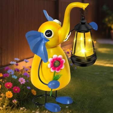 Imagem de ostritec Luzes de estátua de elefante para decoração de jardim solar, elefante de metal de 35,5 cm com luzes solares de jardim para uso externo, quintal, decoração de pátio, presentes de aniversário