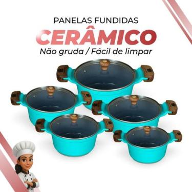 Imagem de Jogo De Panelas Cerâmica Cinza Antiaderente 5 Peças Verde Tampa De Vid