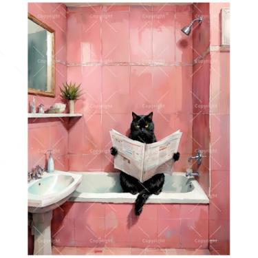 Imagem de Kit de pintura humorística para gatos por números para adultos - DIY gato preto na banheira lendo pintura de jornal sobre tela 40,6 x 50, conjunto de tinta acrílica, adequado para iniciantes, arte