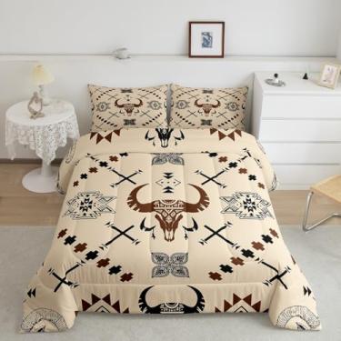 Imagem de Feelyou Conjunto de edredom Queen com caveira de touro ocidental, asteca do sudoeste, para meninos e meninas, tribal, étnico, boêmio, adolescentes, para decoração de quarto com 2 fronhas