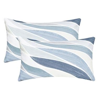 Imagem de CaliTime Capas de almofada decorativas 30,5 x 50,8 cm, pacote com 2 capas de almofada geométricas de lã de dois tons abstrata onda do mar para sofá-cama, decoração de casa de fazenda, azul fumê, cinza