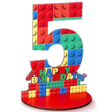 Imagem de Geelin 5rd Birthday Number Sign Centerpiece Building Block Theme Number Stand Sign, Wooden Table Decoration Photo Props for Birthday Decorations