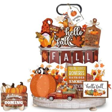 Imagem de Quimoy 19 peças de decoração de bandeja de outono em camadas, placas decorativas Hello Fall Pumpkin Gnomo, caminhão, decoração de madeira, para cozinha doméstica, decoração de mesa rústica de casa de