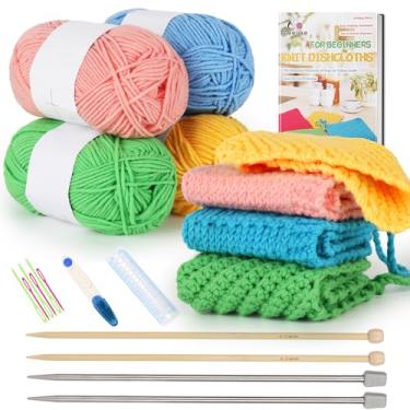 Imagem de Aeelike Kit de tricô para iniciantes, kit completo de crochê para iniciantes, fácil de incluir conjunto de agulhas de tricô, fio de algodão, aprender a tricotar pano de prato com instruções passo a
