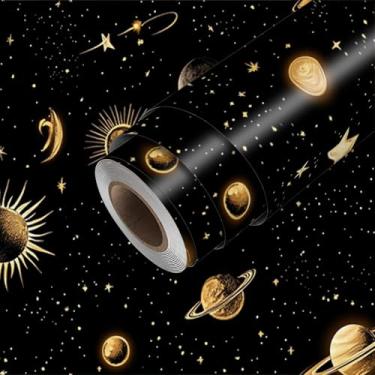 Imagem de HOMETITUTE Papel de parede dourado celestial lua estrela papel de parede de contato adesivo 45 cm x 300 cm revestimento de parede de vinil removível para quarto cozinha decoração de casa