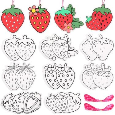 Imagem de Motipuns 32 Set Wood Strawberry Cutouts Crafts Kit with Ribbons, Color Your Own Fruit Set Coloring Unfinished Ornaments for DIY Strawberry Themed Birthday Party Favors Baby Shower Decorations