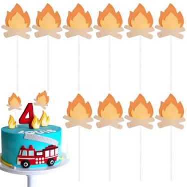 Imagem de 10 PACK Fire Truck Cake Topper, Fire Cake Pick Fire Flame Cake Decorations, Fire Truck Birthday Party Supplies, Paper Cards and Wooden Sticks Fake Campfire, Fire Truck Party Supplies