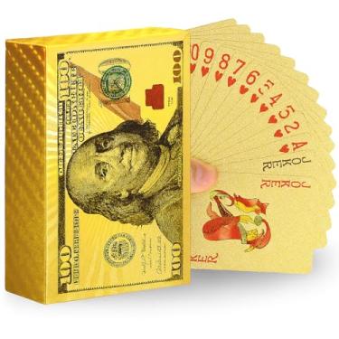 Imagem de Baralho Dourado Luxo 54 Cartas com 2 Coringas Resistente à Água Nota 100 Dólares Jogo de Cartas Premium para Presente e Colecionador Deck Truco Dolar Impermeável